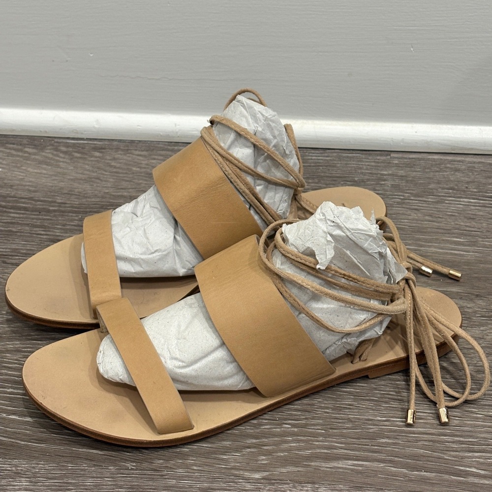 RAYE Sierra Sandal Nude Beige Nubuck Lace Up Strappy Boho Ankle Wrap Flat Size 9